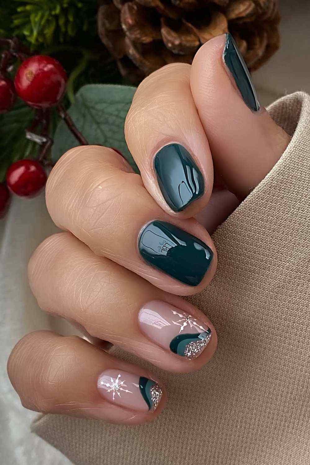 Forest Green Snowflake Accent Nails