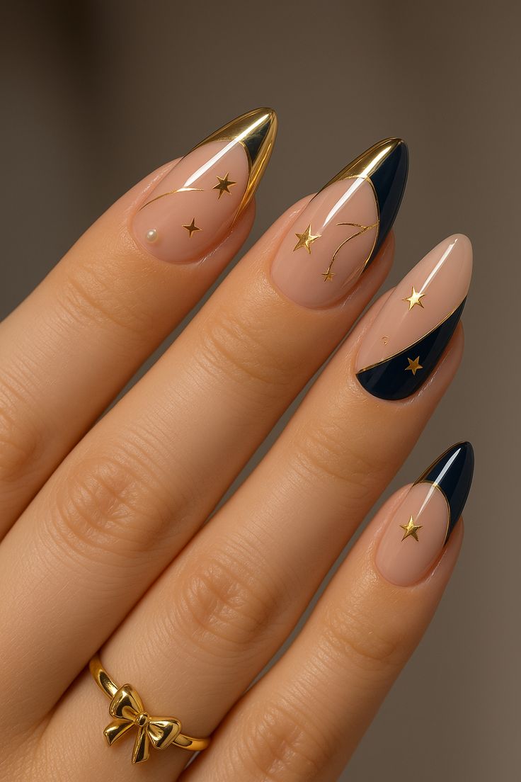 Deep blue metallic French tip nails with classic crescent shape and shimmering finish