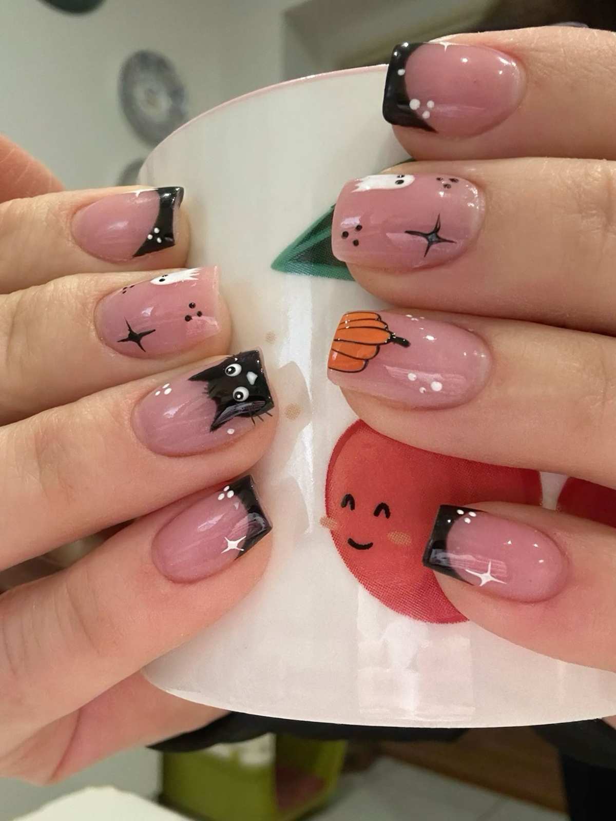 French Nails Black Cat Pumpkin Ghosts