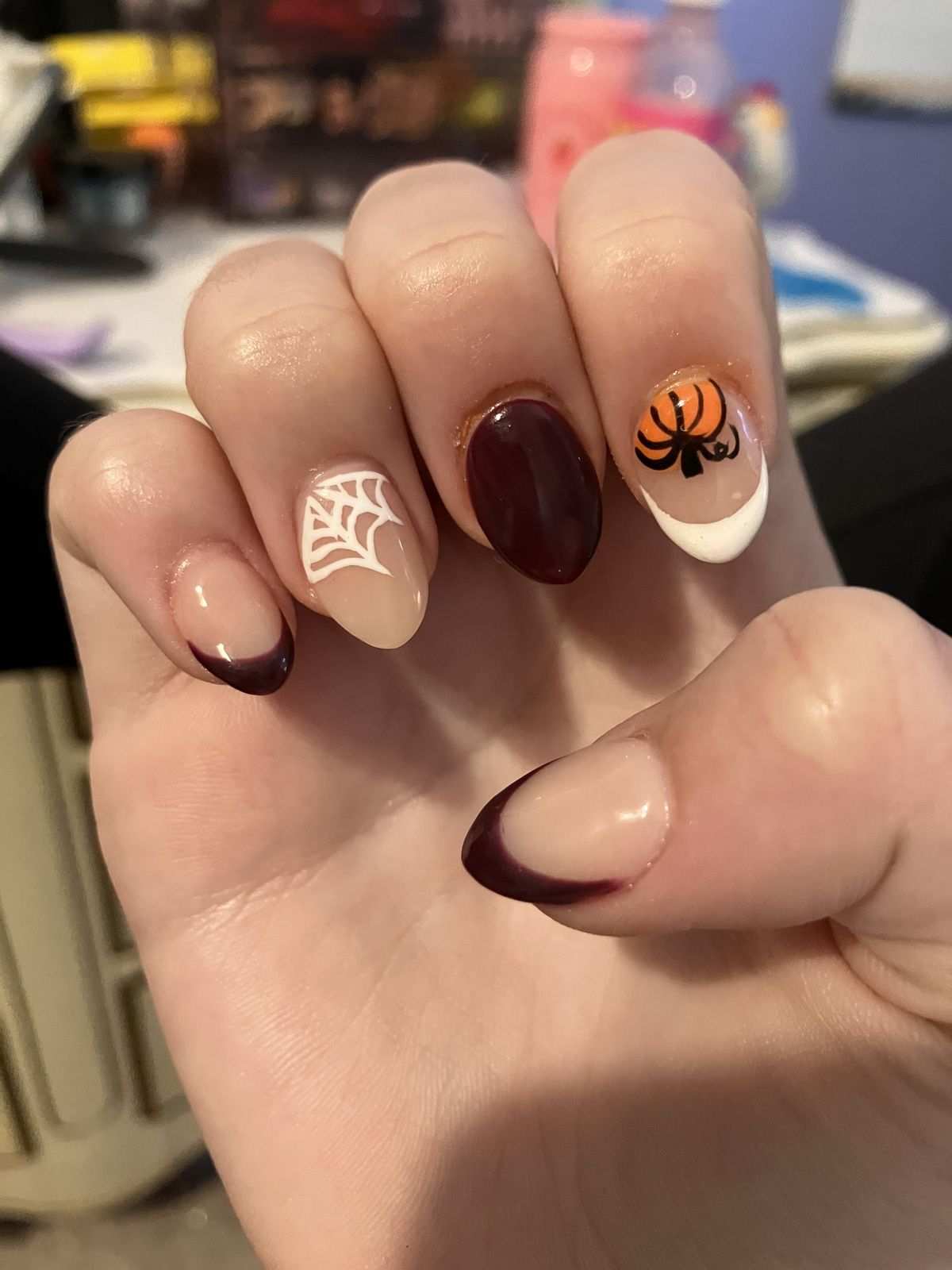 French Nails Burgundy Pumpkin Spiderweb