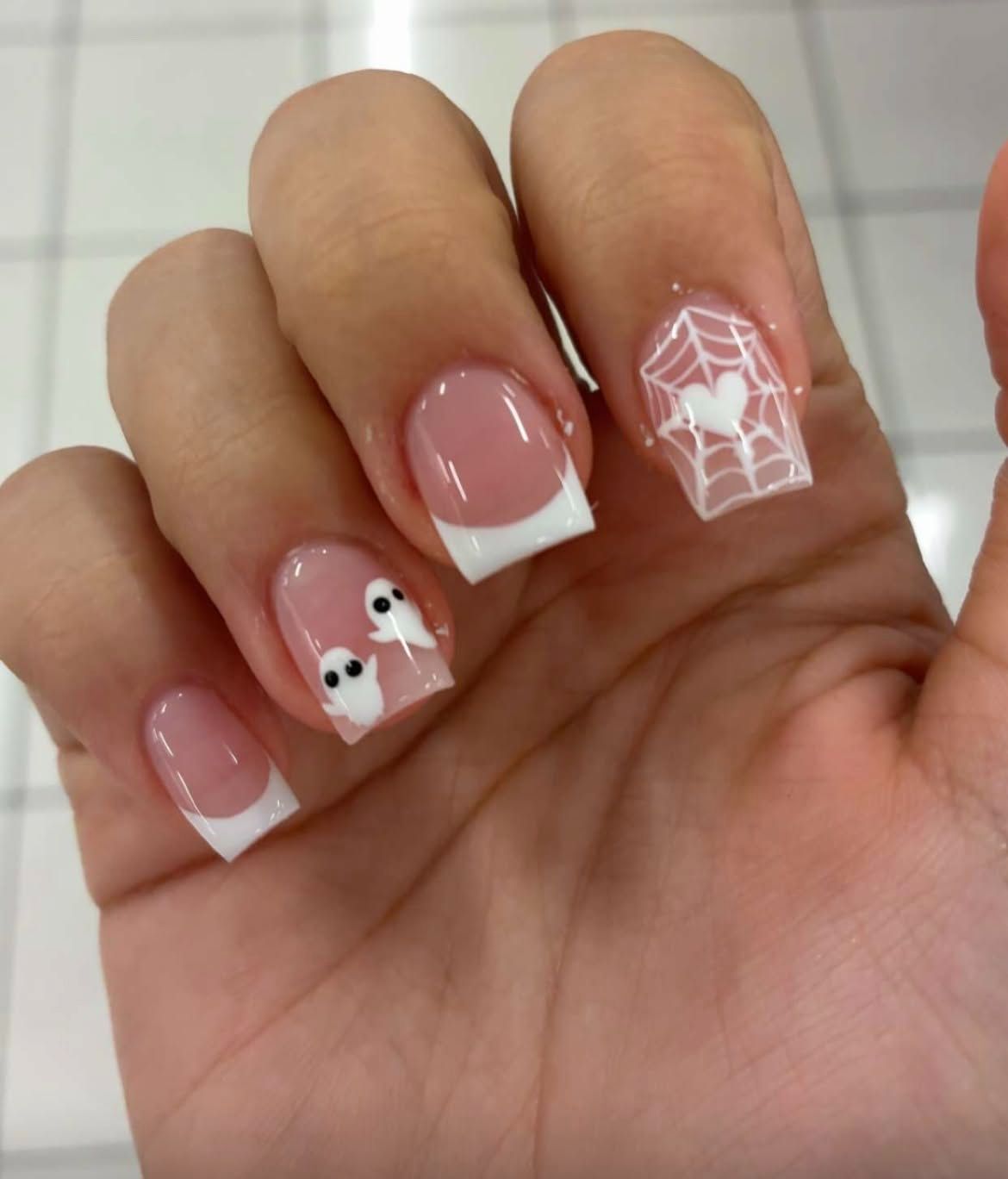 French Nails Cute Ghosts Heart Spiderweb