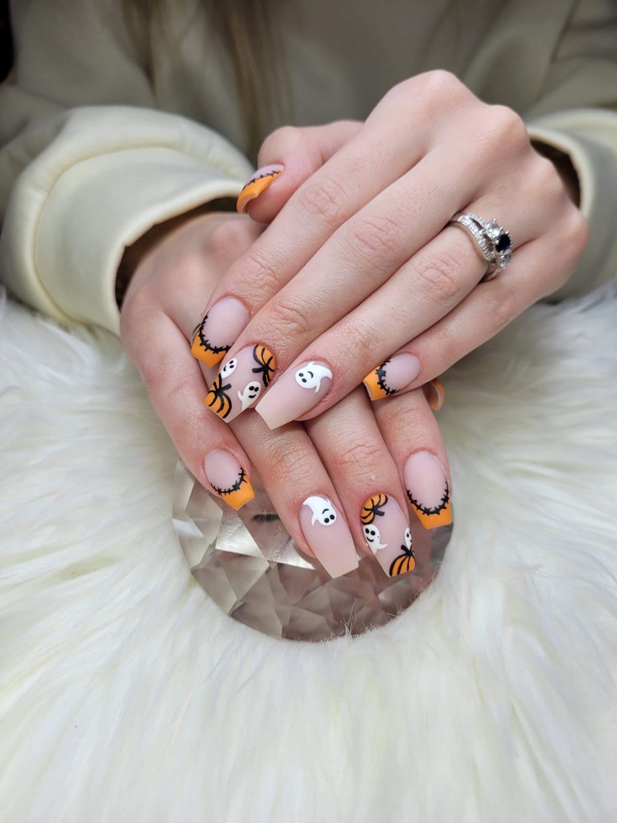 French Nails Orange Coffin Stitched Ghosts