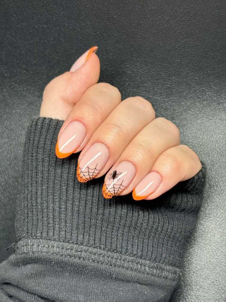 French Nails Orange Spiderweb Halloween