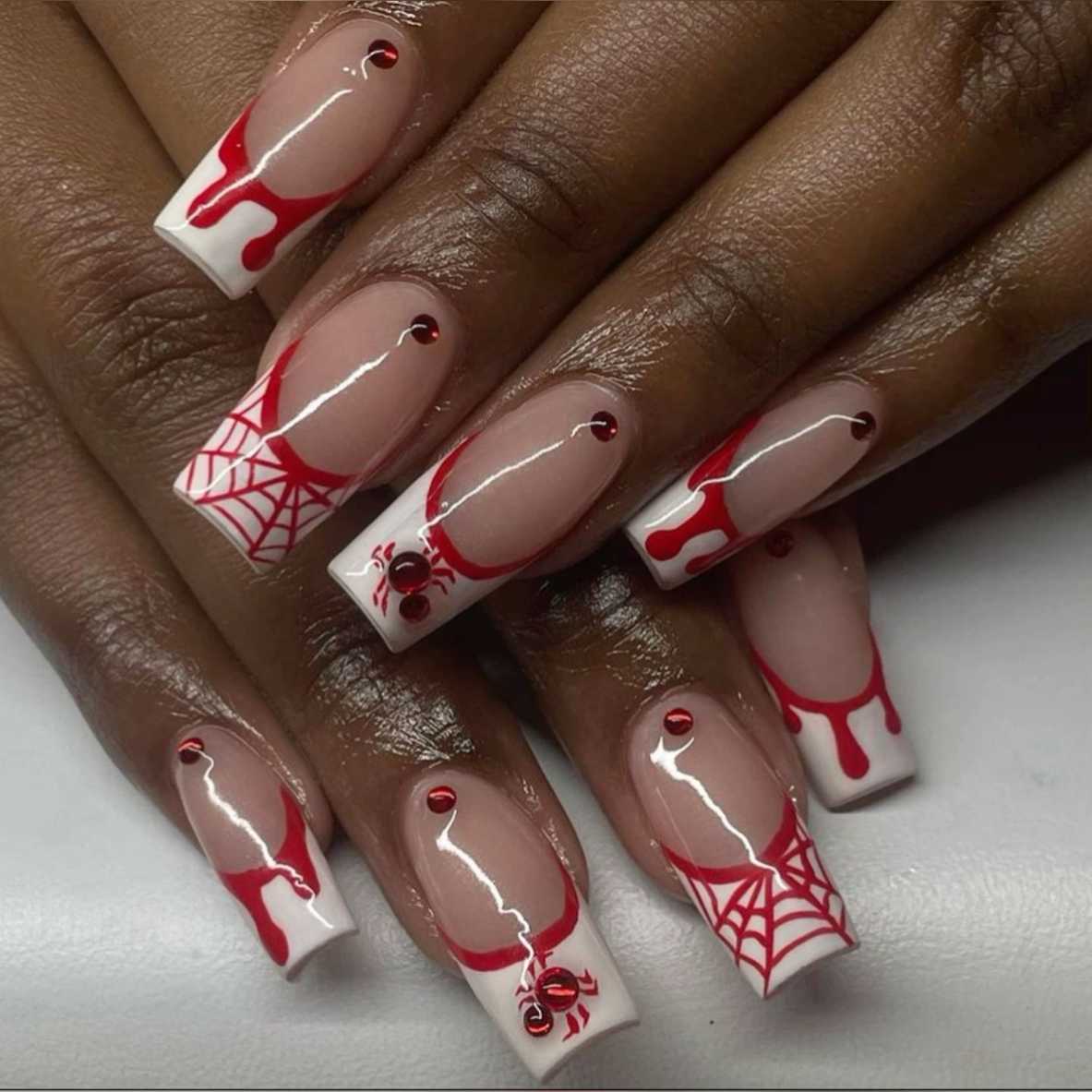 French Nails Red Blood Drip Spiderweb