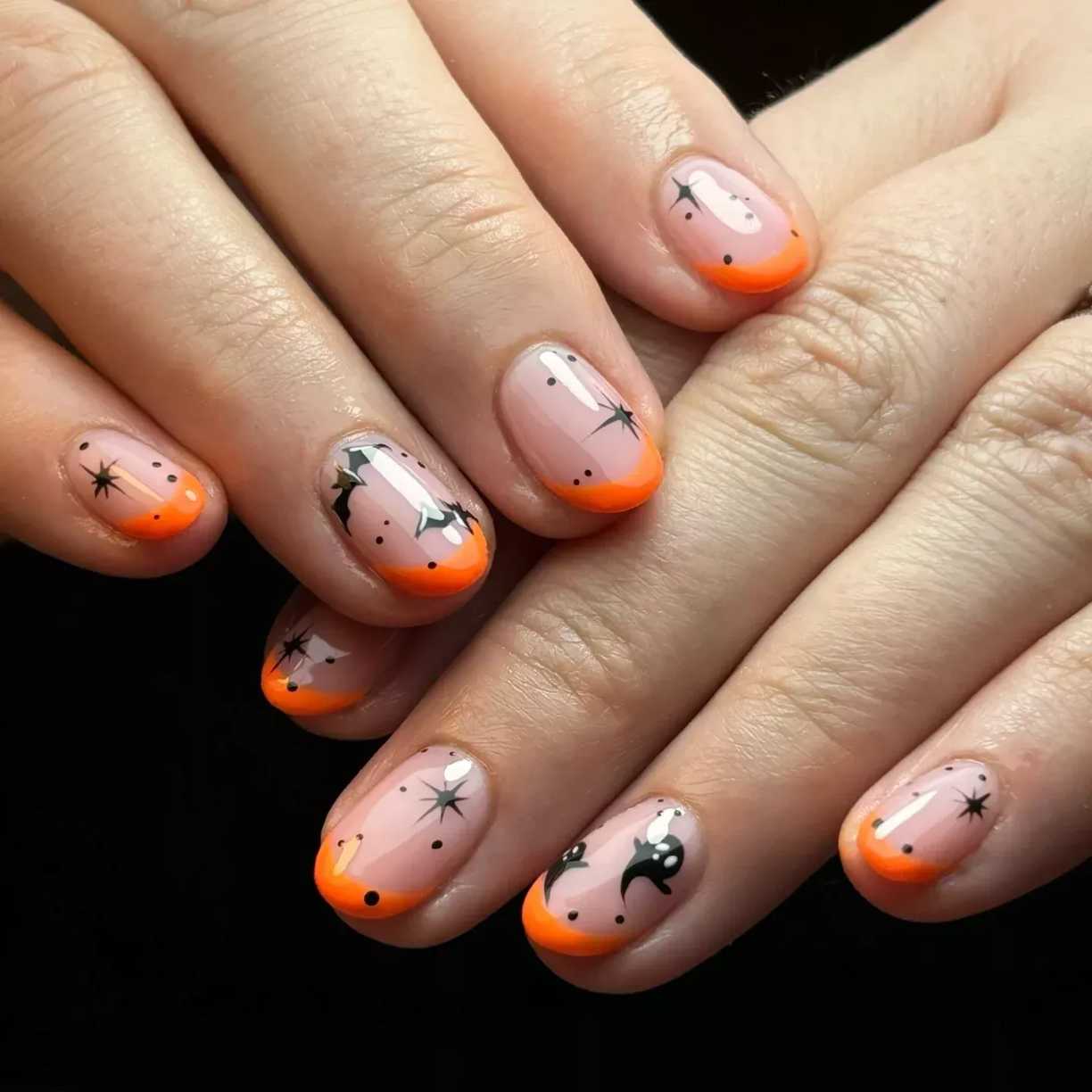 French Nails Spooky Orange Black Bats Stars