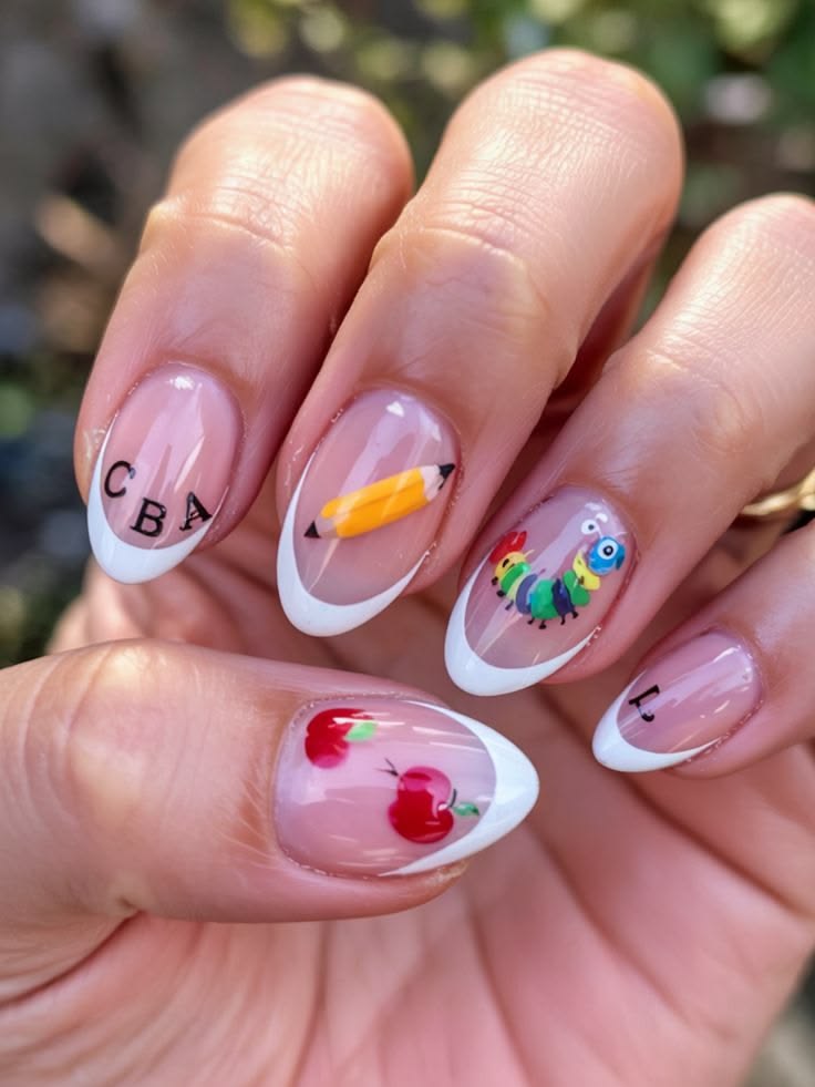 Coffin nails with classic French tips restyled as lined notebook paper with red margins.