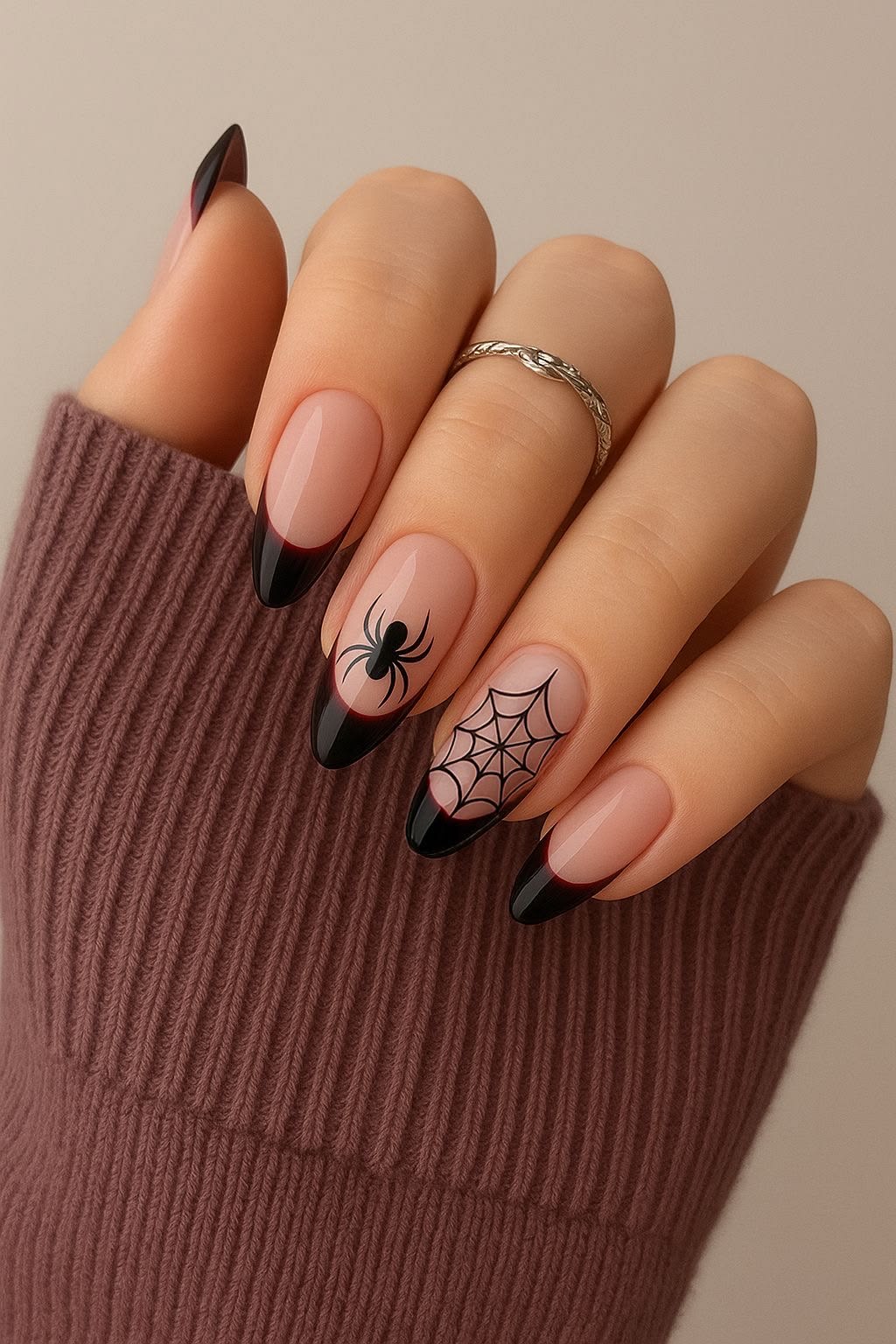 Square French tip nails with spooky black dripping blood details for Halloween.