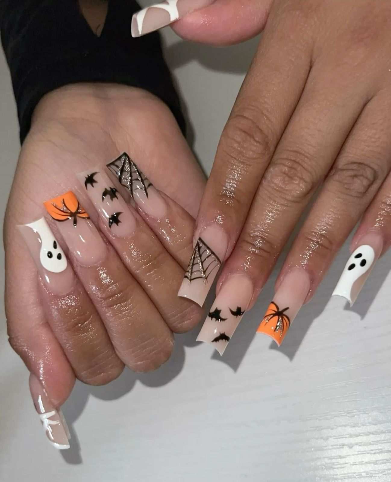 French Tip Long Square Ghost Pumpkin And Bats Halloween Nails