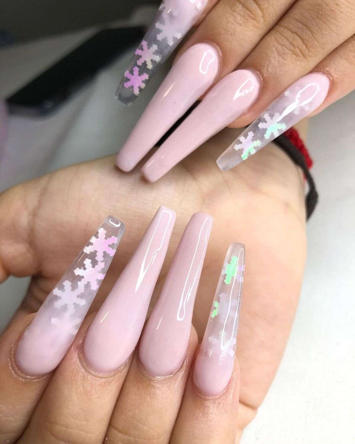 Frosted Pink Snowflake Coffin Nails