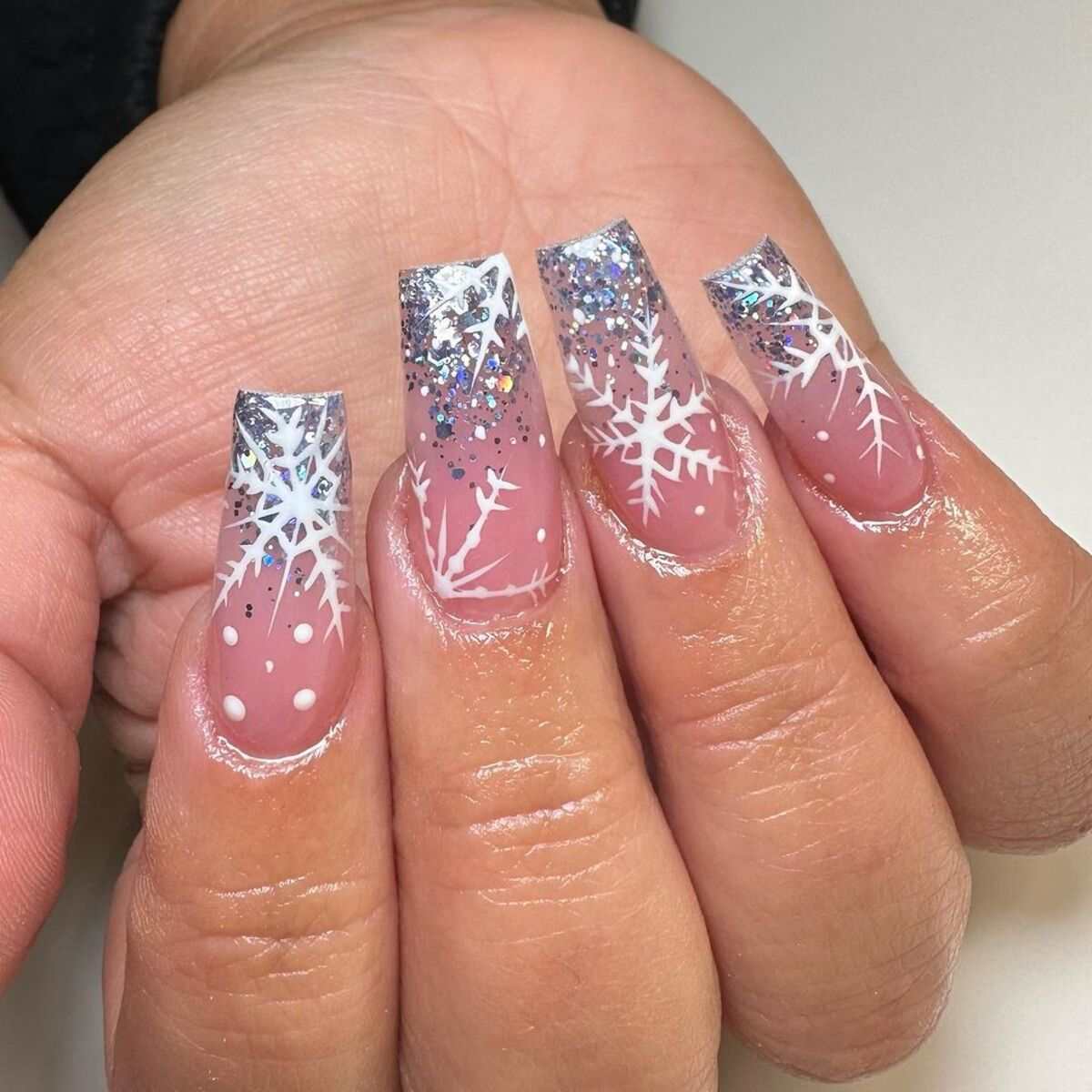 Frosted Silver Snowflake Glitter Nails