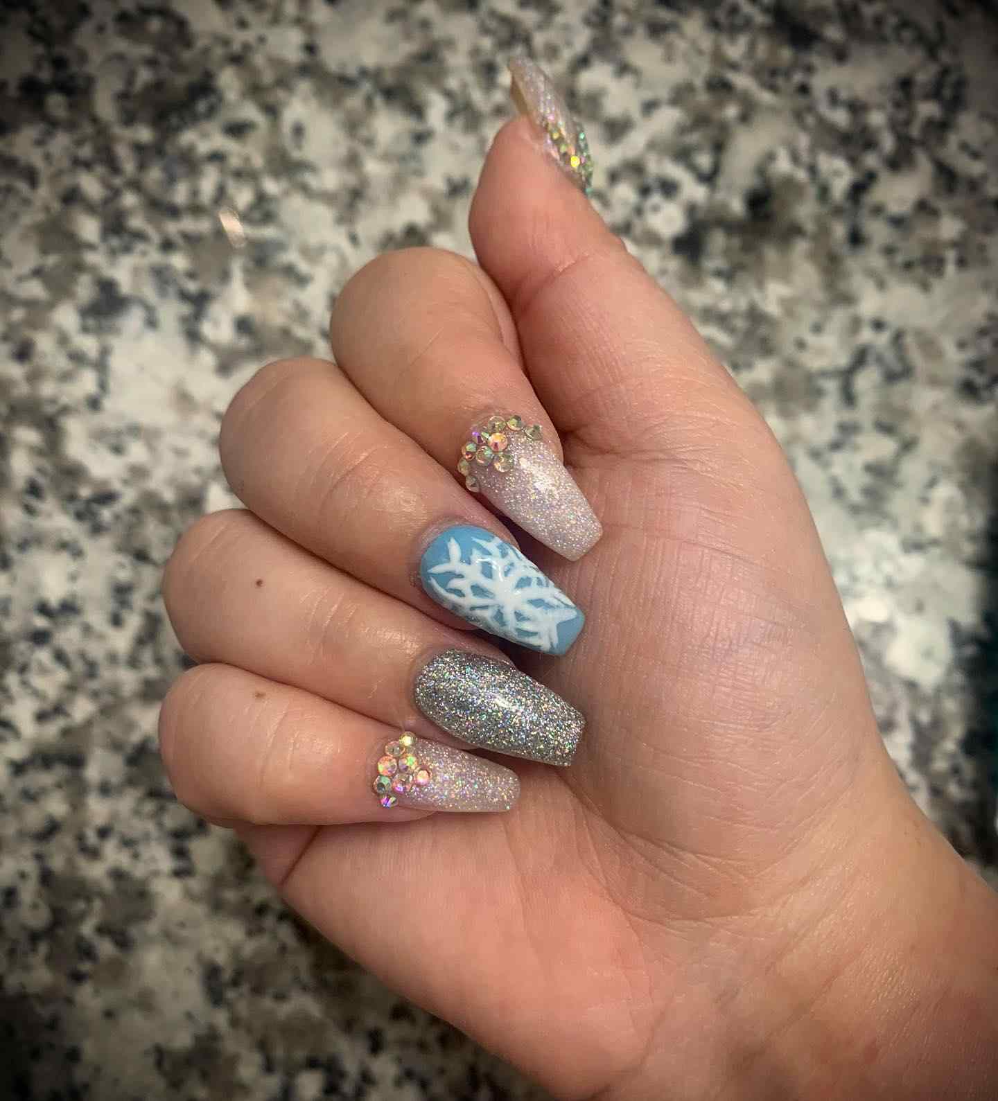 Frozen Blue Snowflake Glitter Coffin Nails