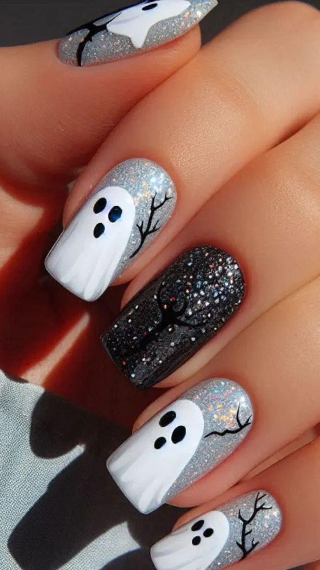 Ghost Glitter Halloween Nails