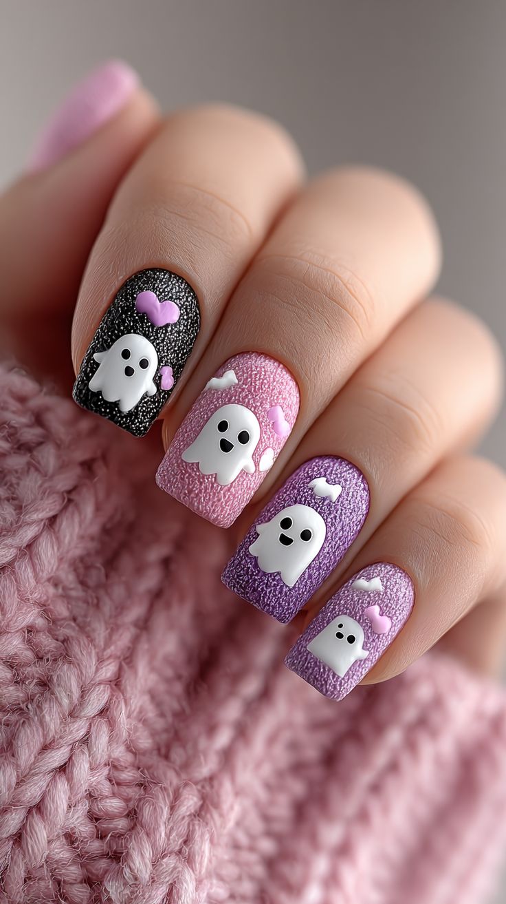 Long coffin shaped black matte nails with glowing white ghost art for Halloween.
