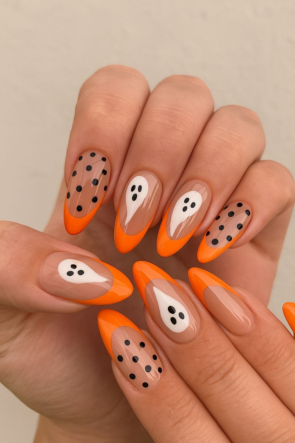 Almond shaped glossy orange and white nails featuring ghosts and pumpkins for Halloween.