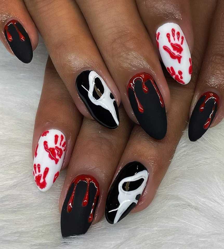 Ghostface Blood Drip And Handprints Halloween Nails