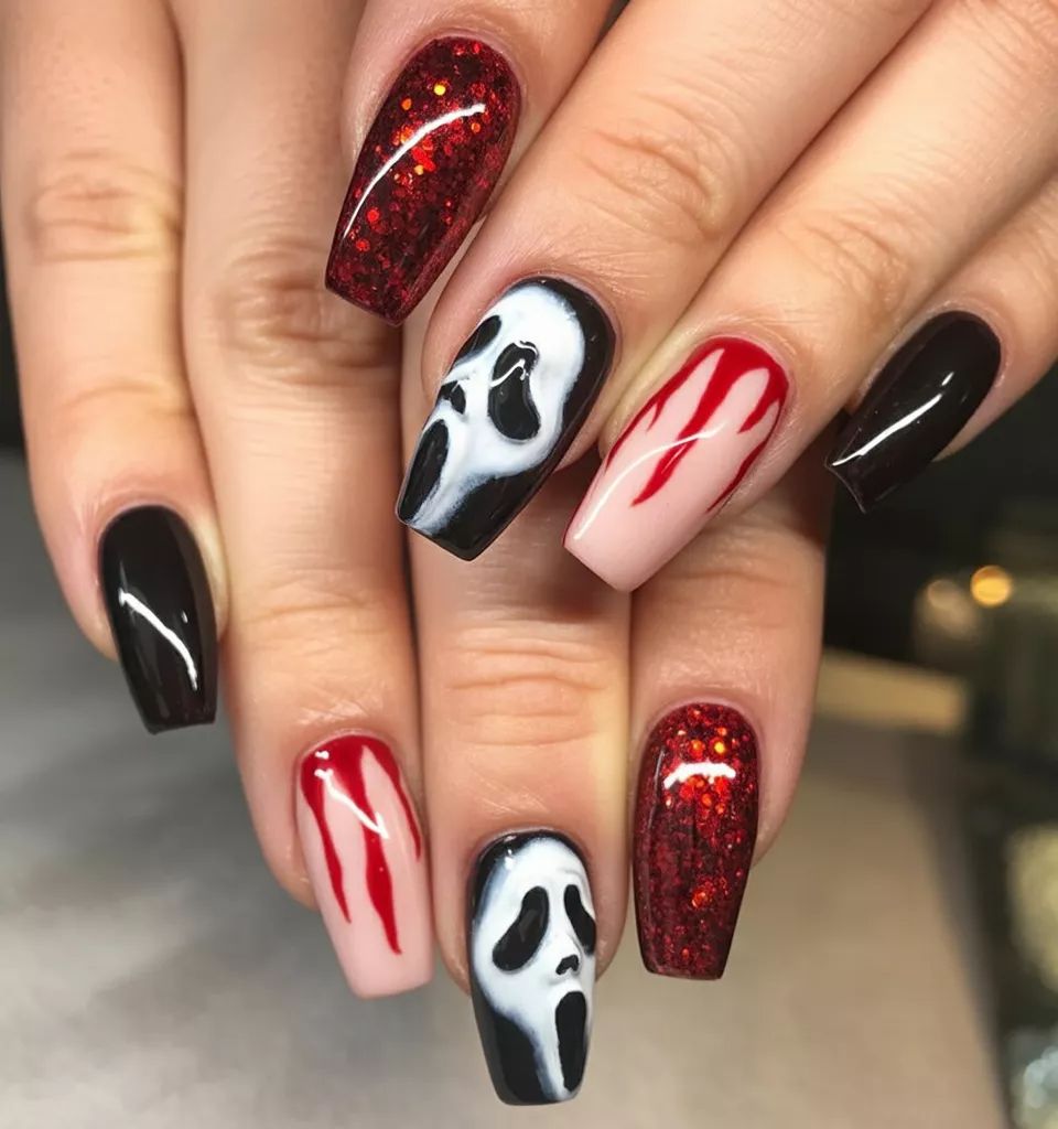 Ghostface Scream Blood Drip And Red Glitter Coffin Halloween Nails