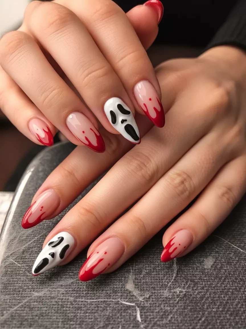 Ghostface Scream Blood Drip Splatter Almond Halloween Nails