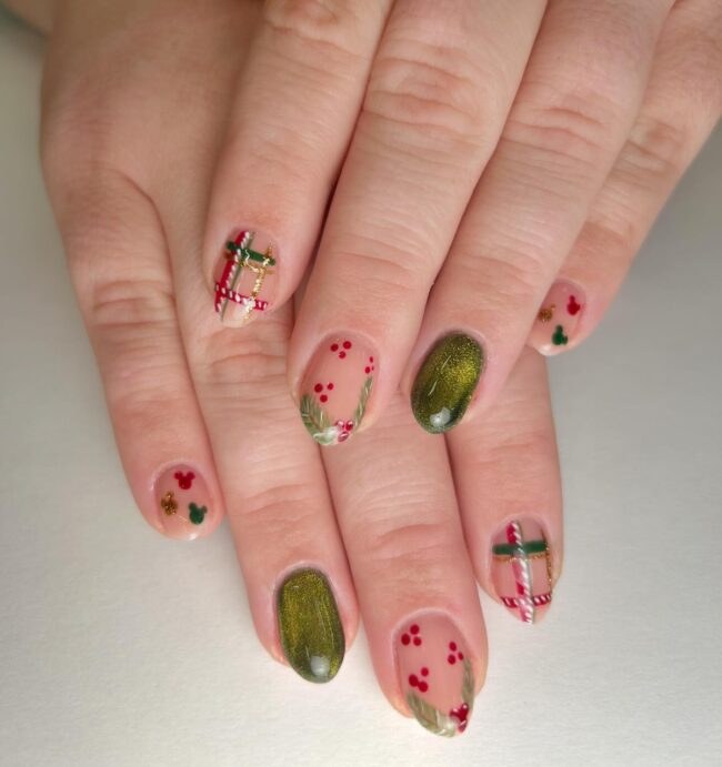 Gift Box Plaid Olive Mickey Dot Disney Nails