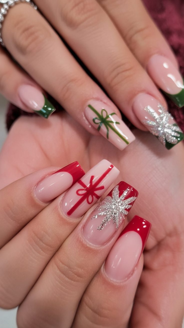 Gift Wrapped Red Bow Holiday Nails