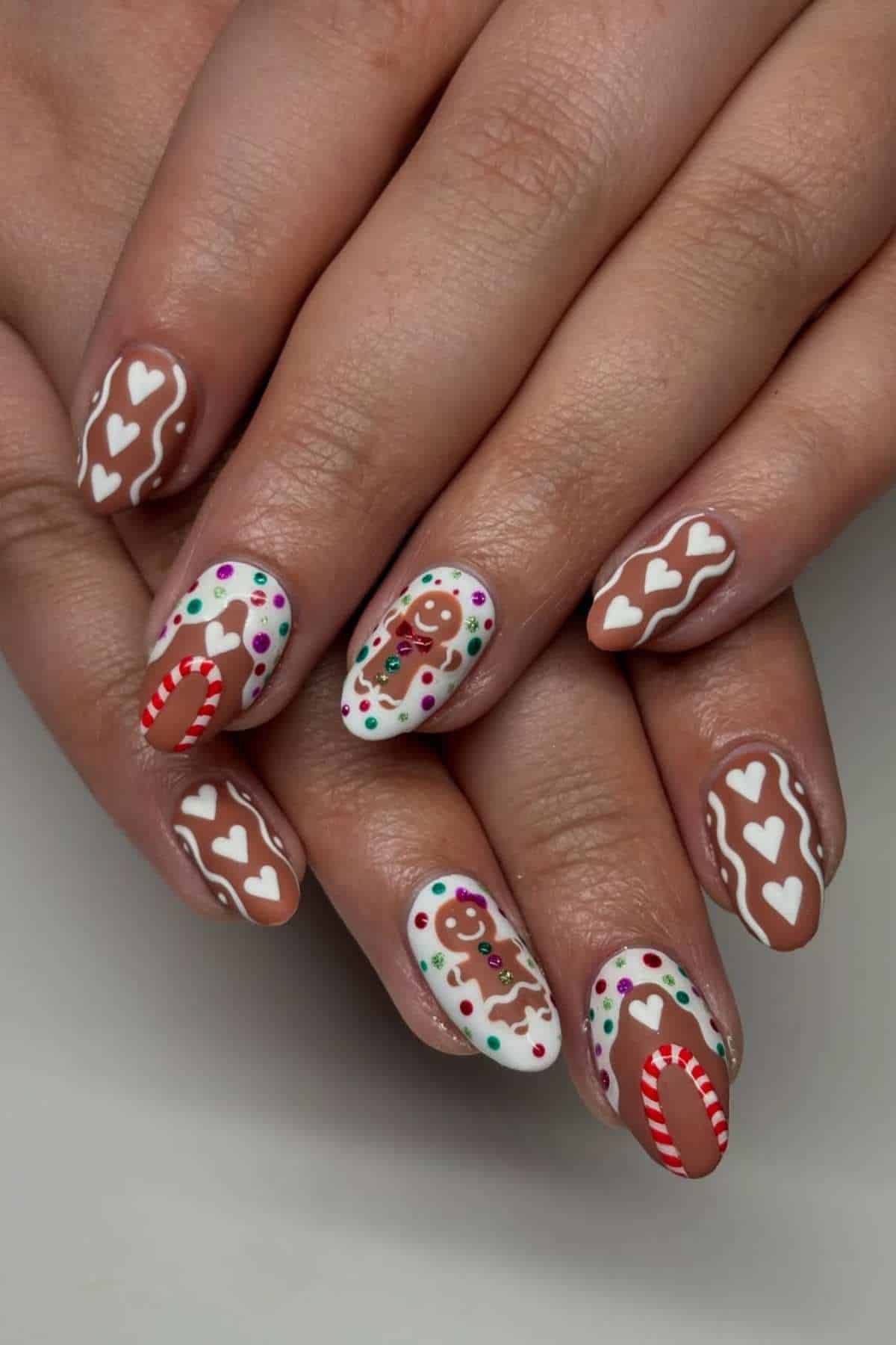 Gingerbread Candy Cane Heart Dot Nails