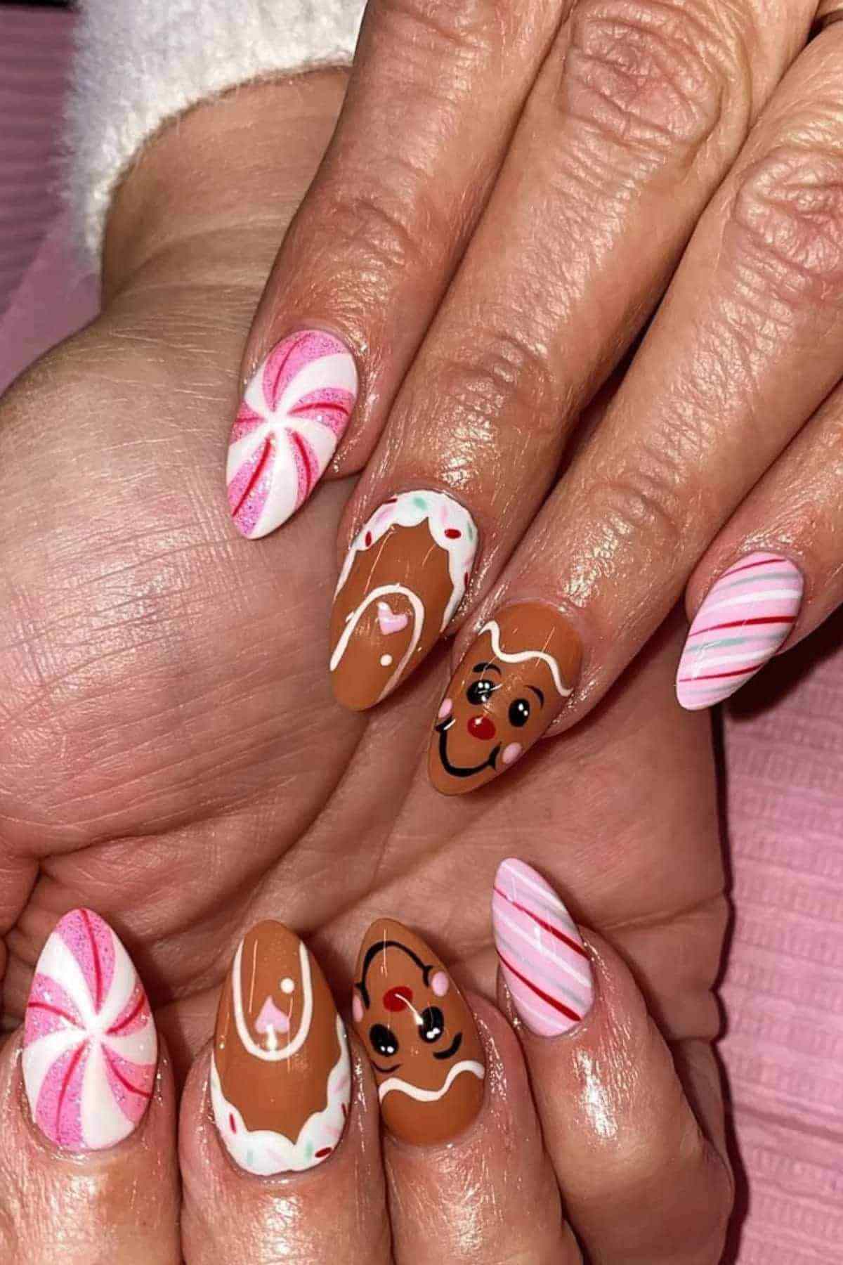 Gingerbread Face Peppermint Swirl Nails