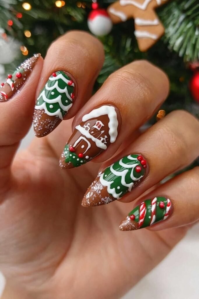 Gingerbread House Almond Nails