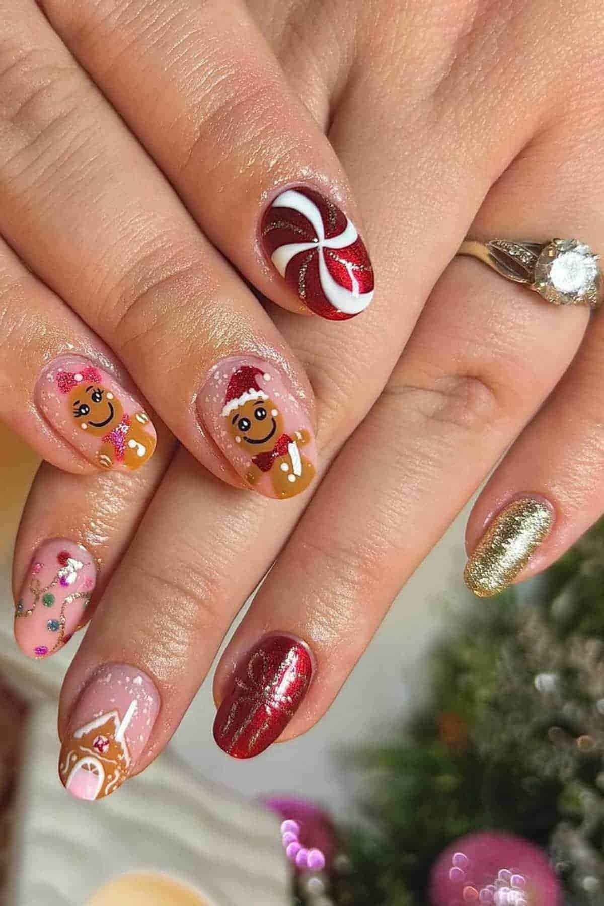 Gingerbread Peppermint Gift Wrap Nails