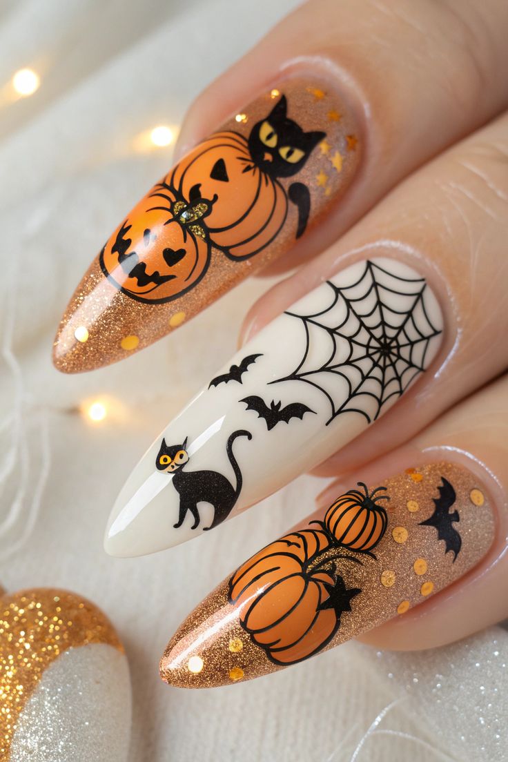 Long stiletto shaped black glitter nails with gold rhinestone accents for Halloween.