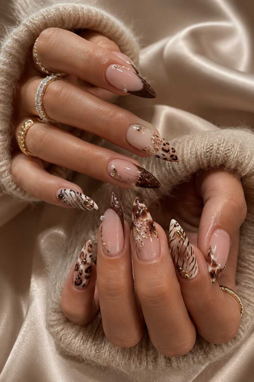 Glam Leopard Print And Tortoiseshell Floral Stiletto Nails