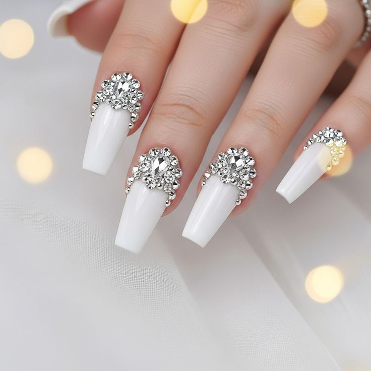 Long tapered square full glam rhinestone nails with reflective gloss finish for birthday celebrations.
