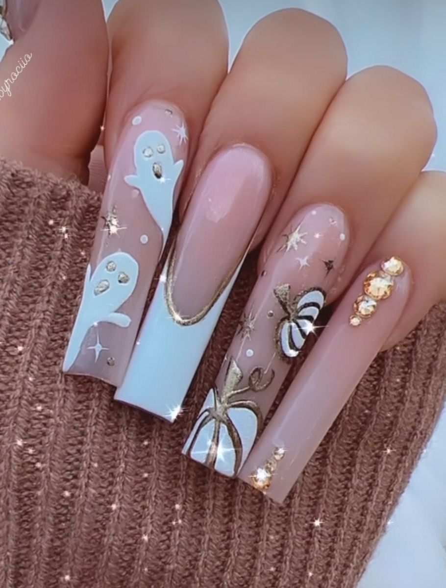 Glam White Ghost And Pumpkin Square Nails With Gold Accents