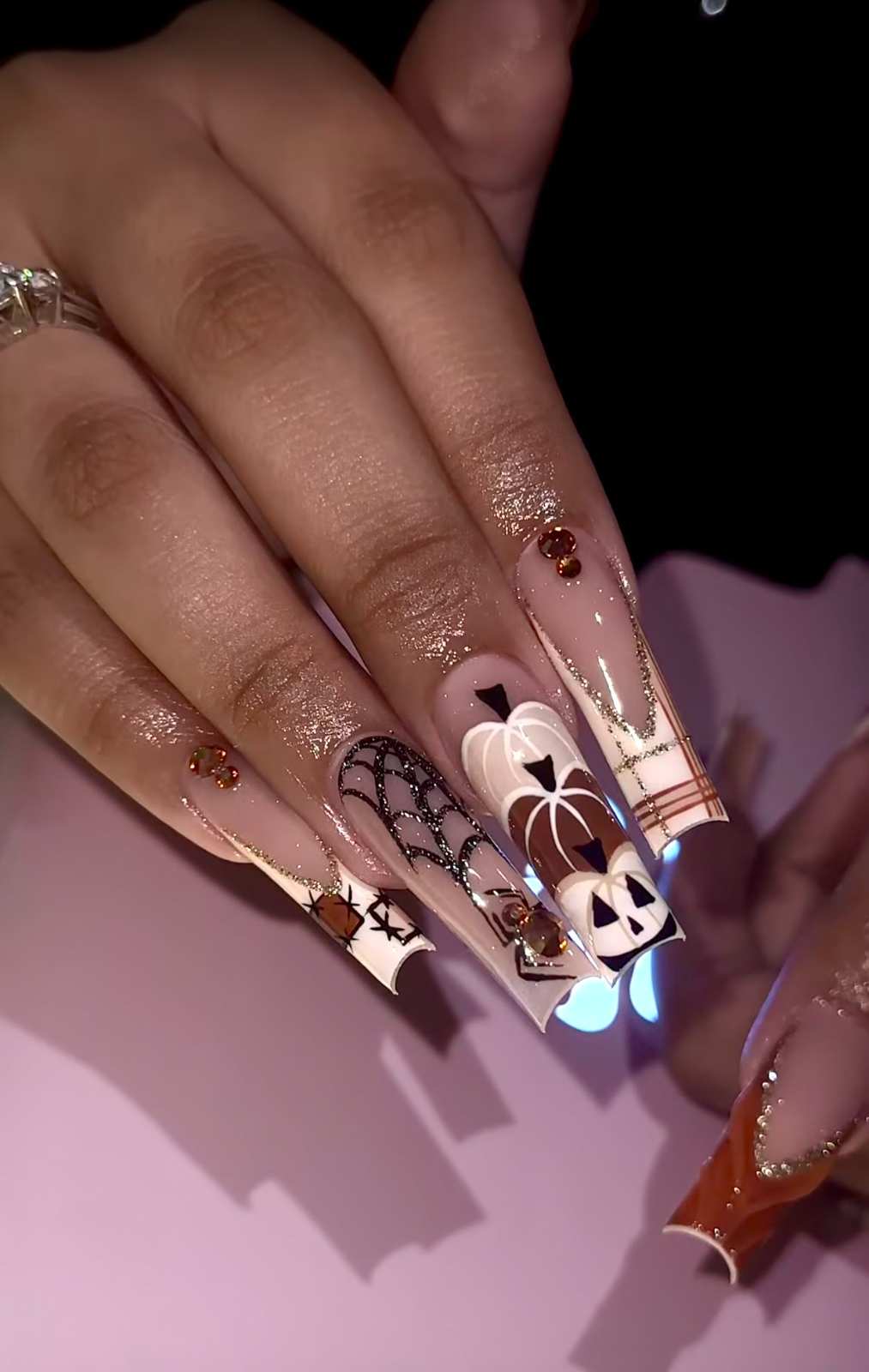 Glam White Pumpkin And Black Spiderweb Square Acrylic Nails