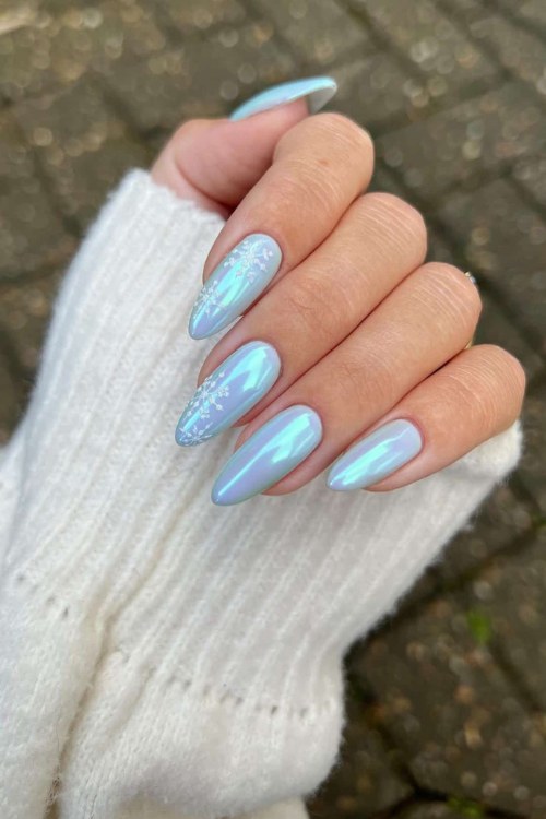 Glazed Icy Blue Snowflake Nails