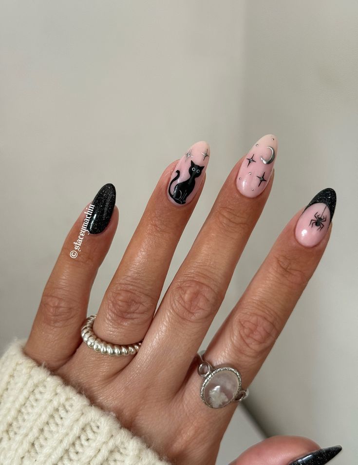 Glitter Black Cat And Spider Witchy Halloween Nails