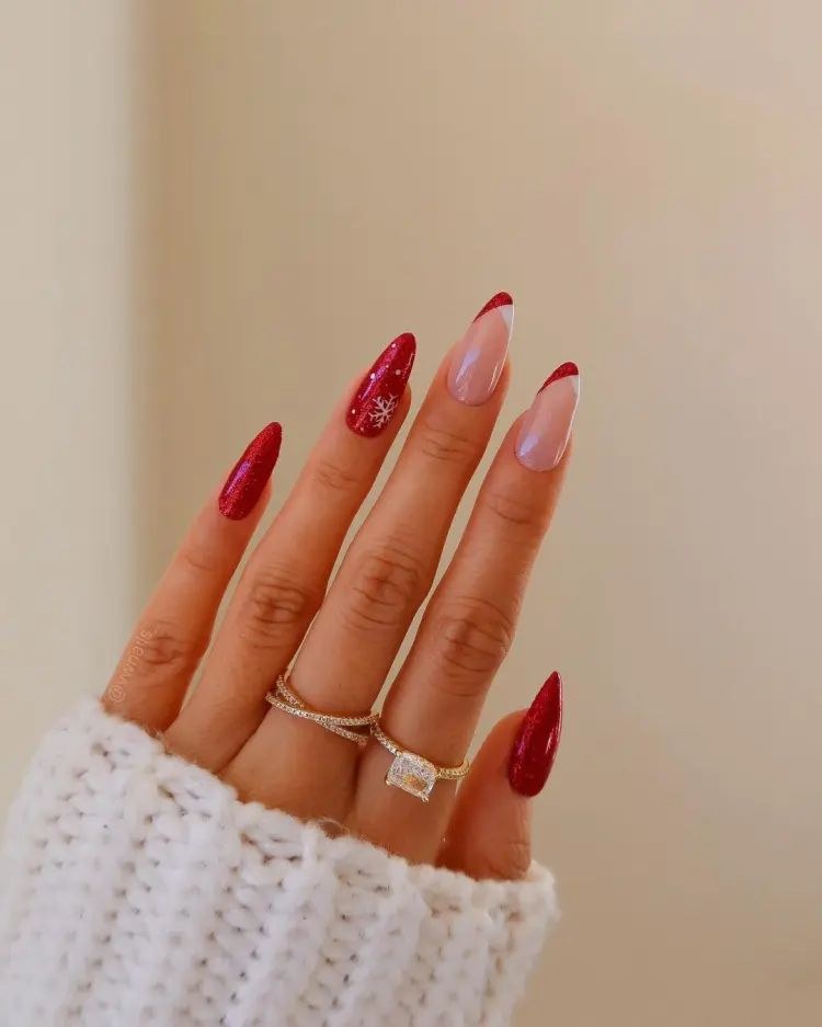 Glitter French Snowflake Burgundy Nails