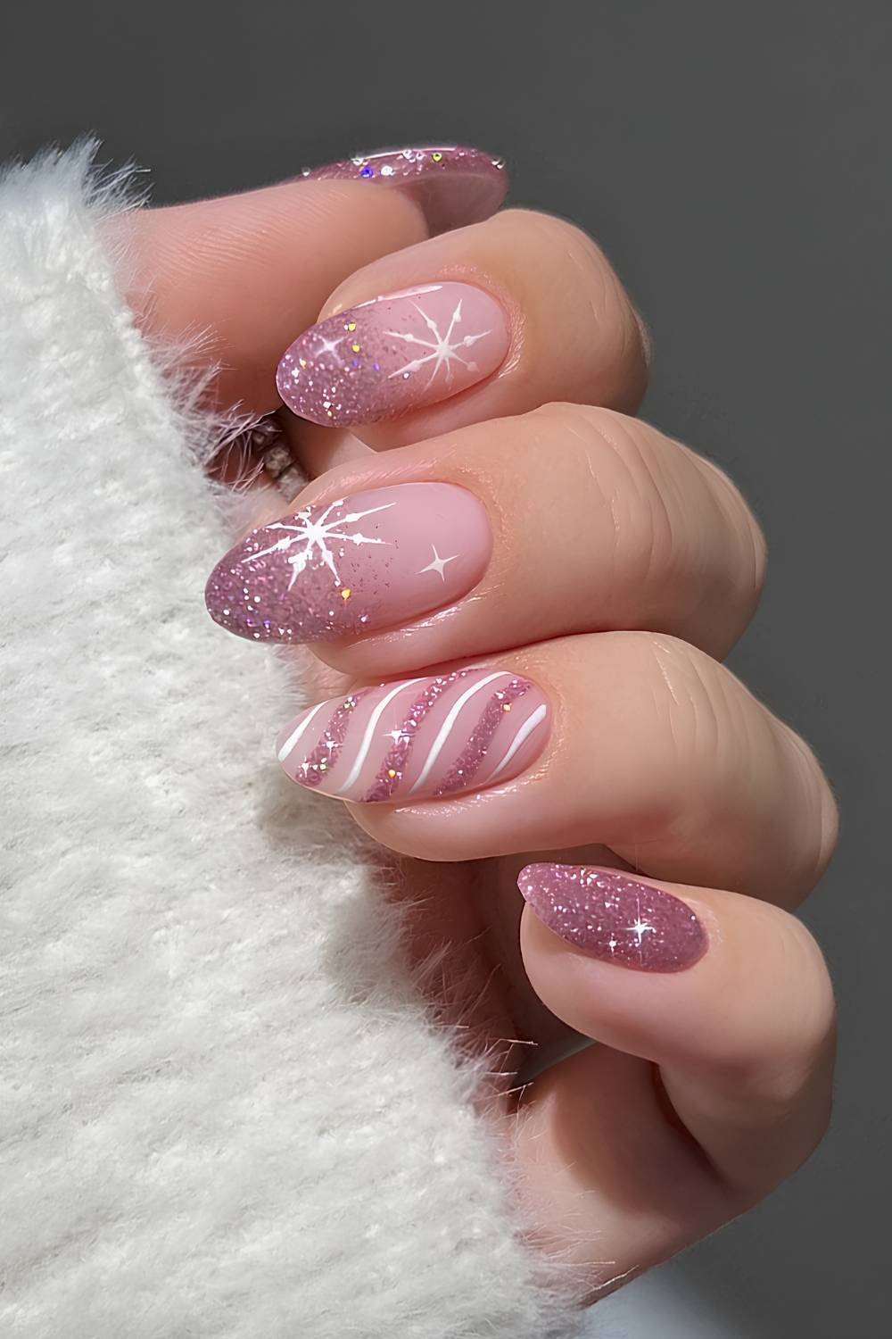 Glitter Pink Snowflake Stripe Nails