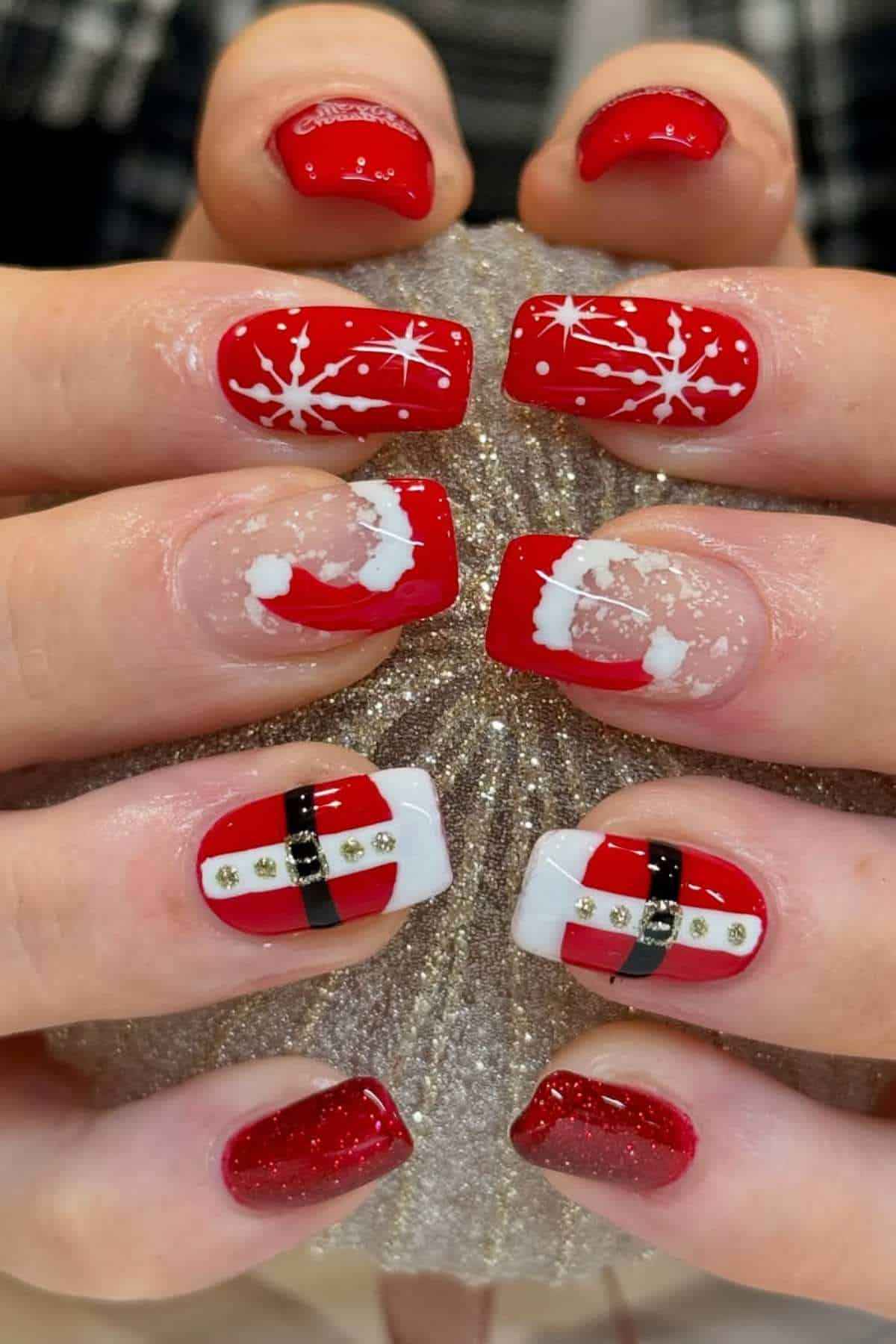Glitter Snow Santa Red Nails