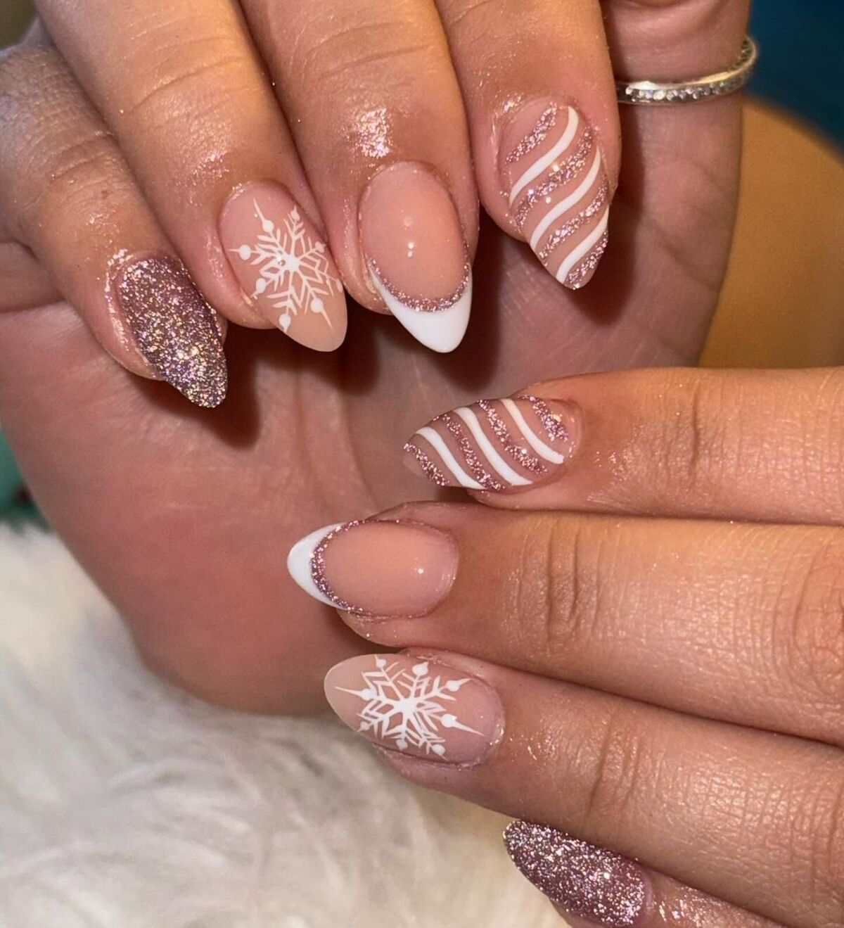 Glittery Snowflake French Nails