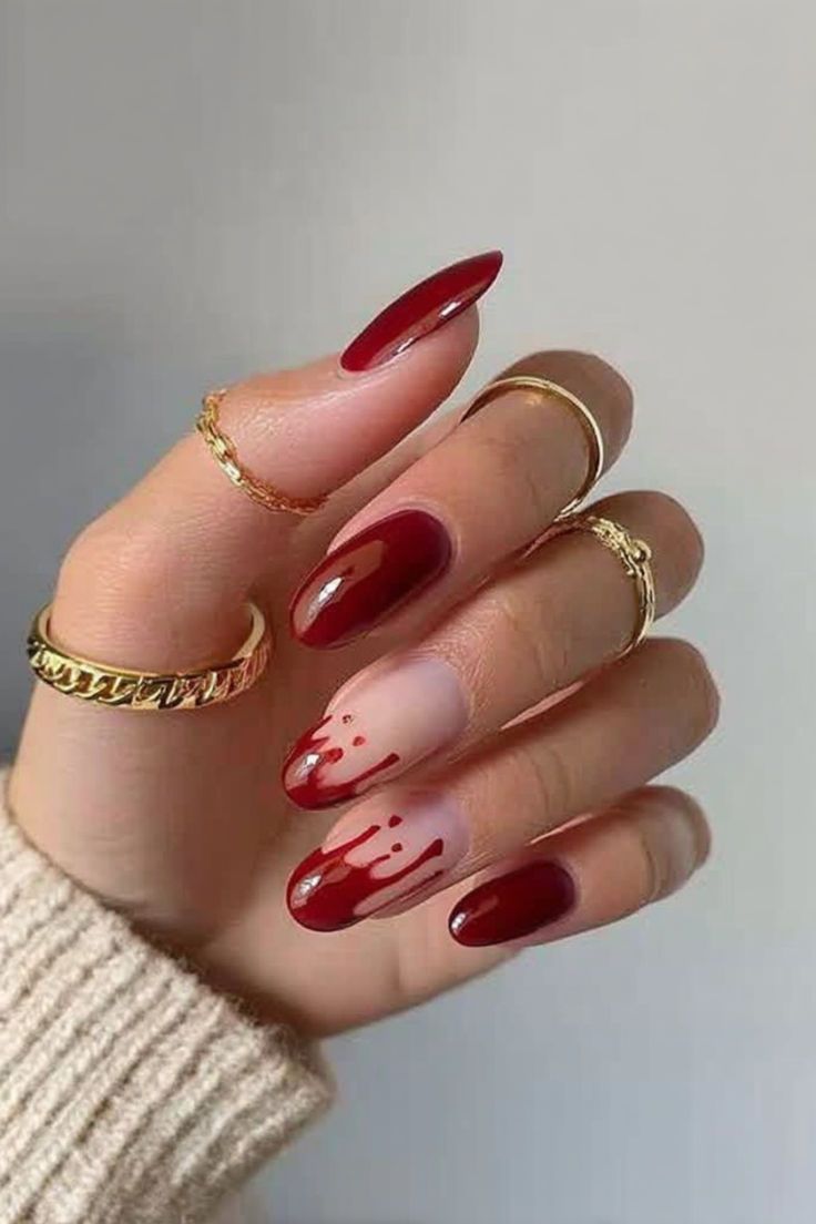 Glossy Blood Drip Red French Tip Halloween Nails