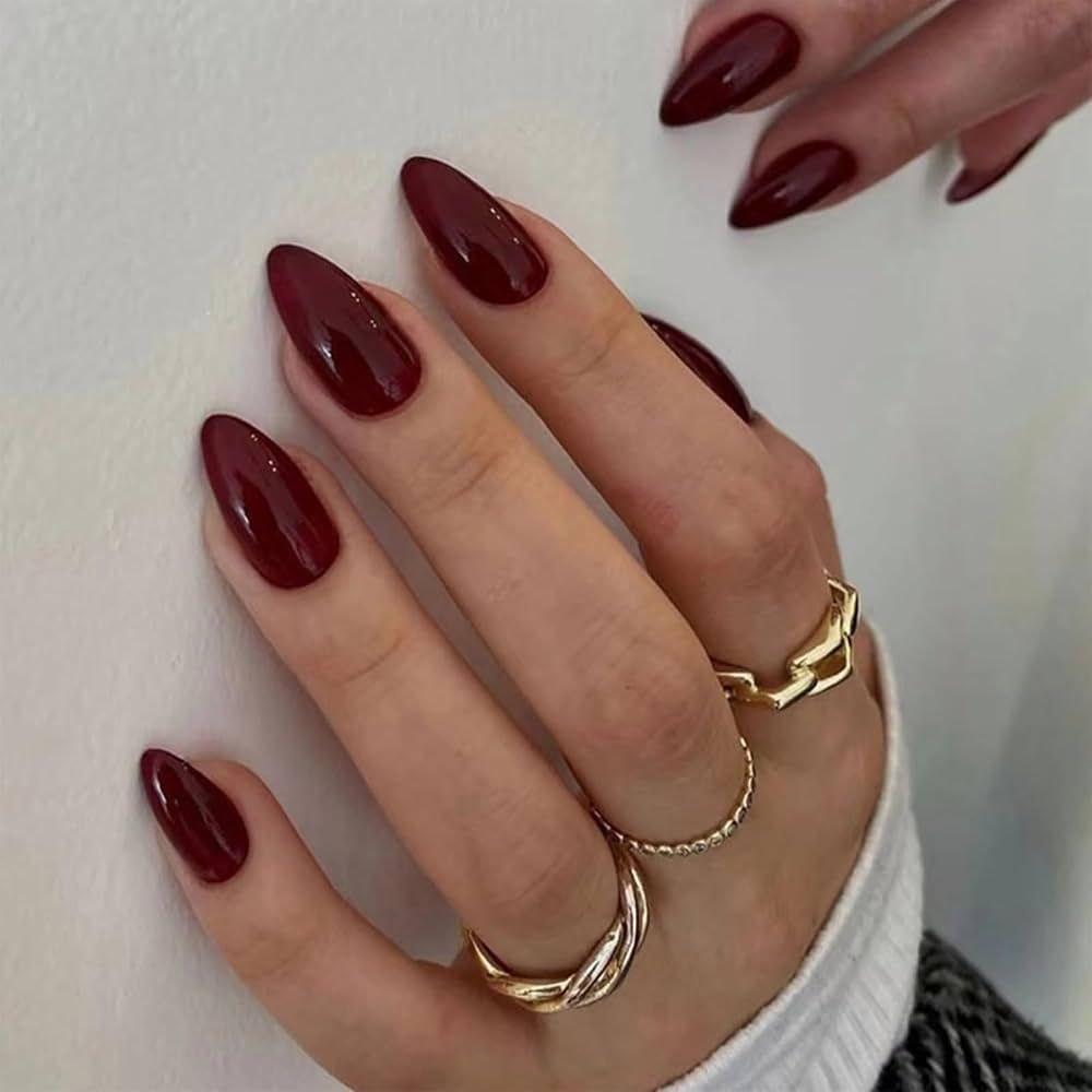 Glossy Burgundy Almond Nails