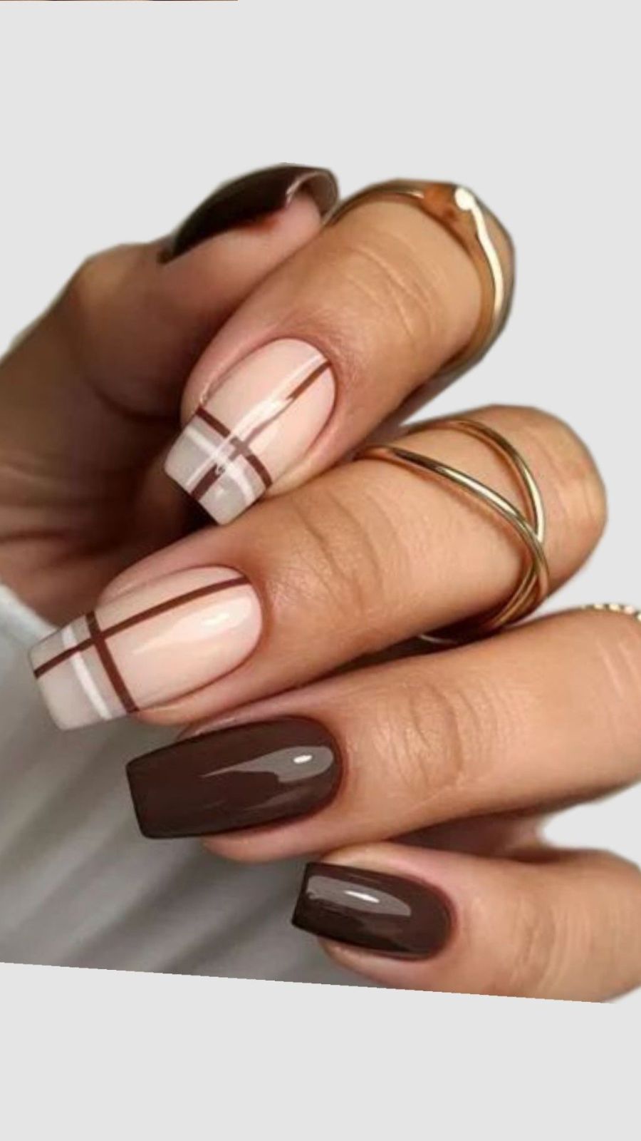 Glossy Dark Brown Minimalist Plaid Square Fall Nails