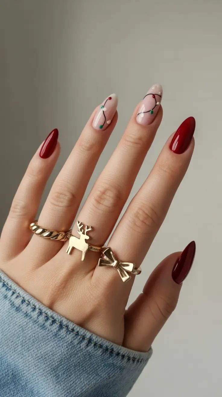 Glossy Deep Red Almond Nails With Christmas Lights Art