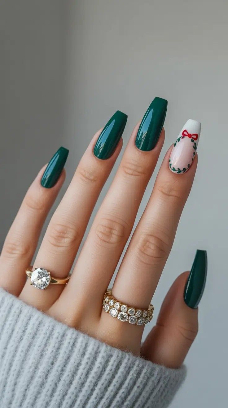 Glossy Forest Green Coffin Nails With Christmas Wreath