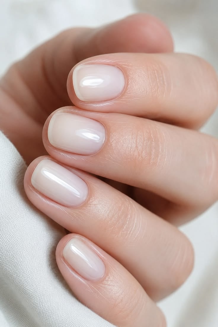 Squoval shaped ultra glossy translucent milky white nails for everyday casual wear.