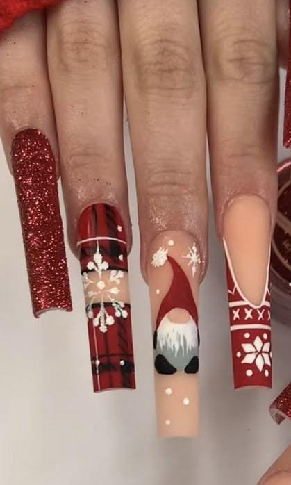 Gnome Sweater Red Long Christmas Nails