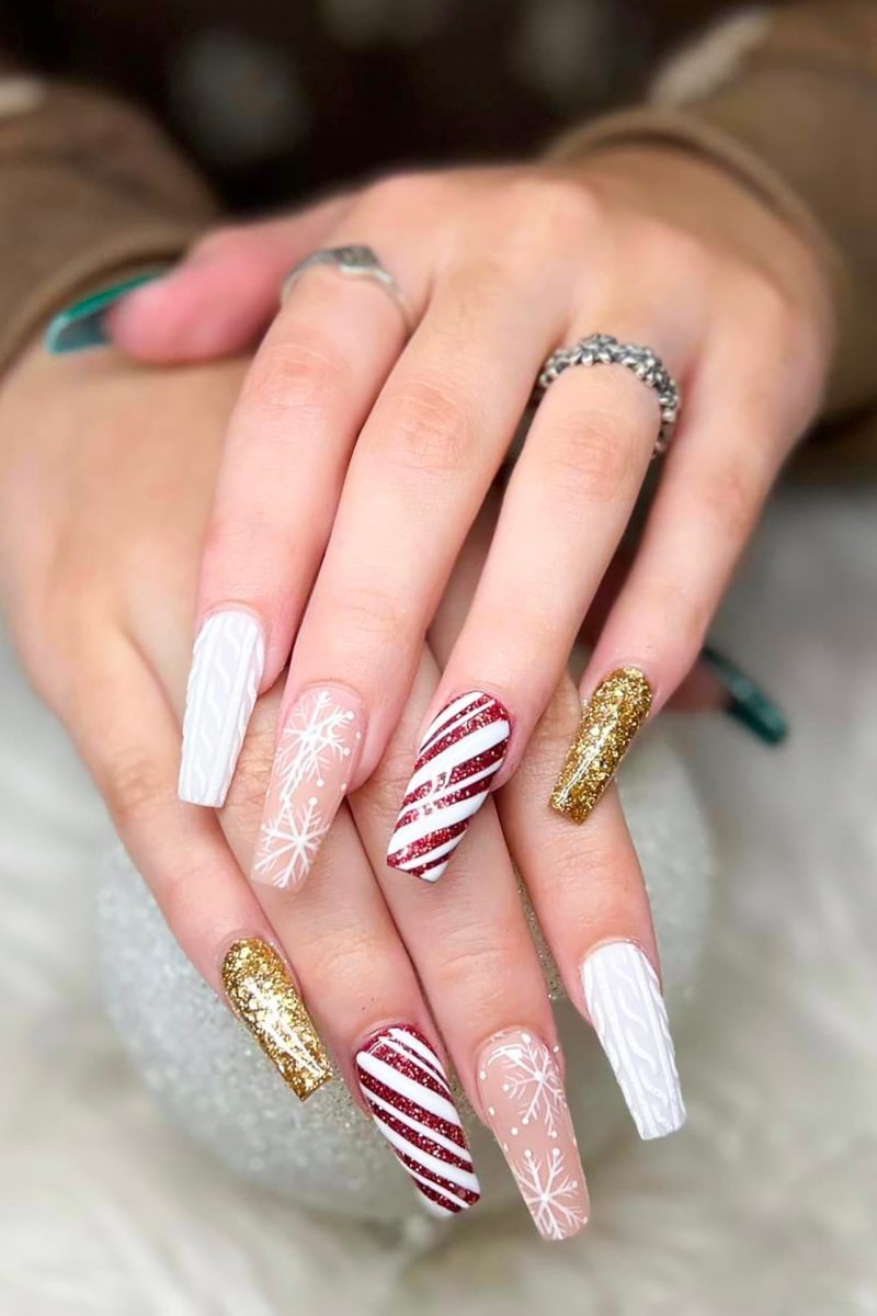 Gold Candy Cane Sparkle Nails