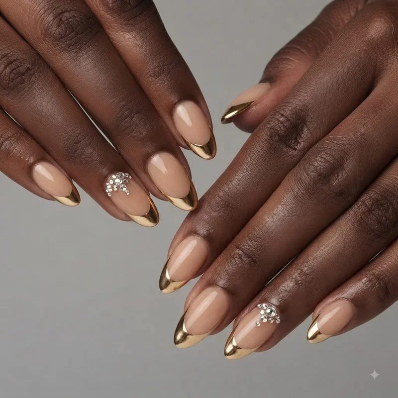 Gold Chrome Rhinestone Almond Nails