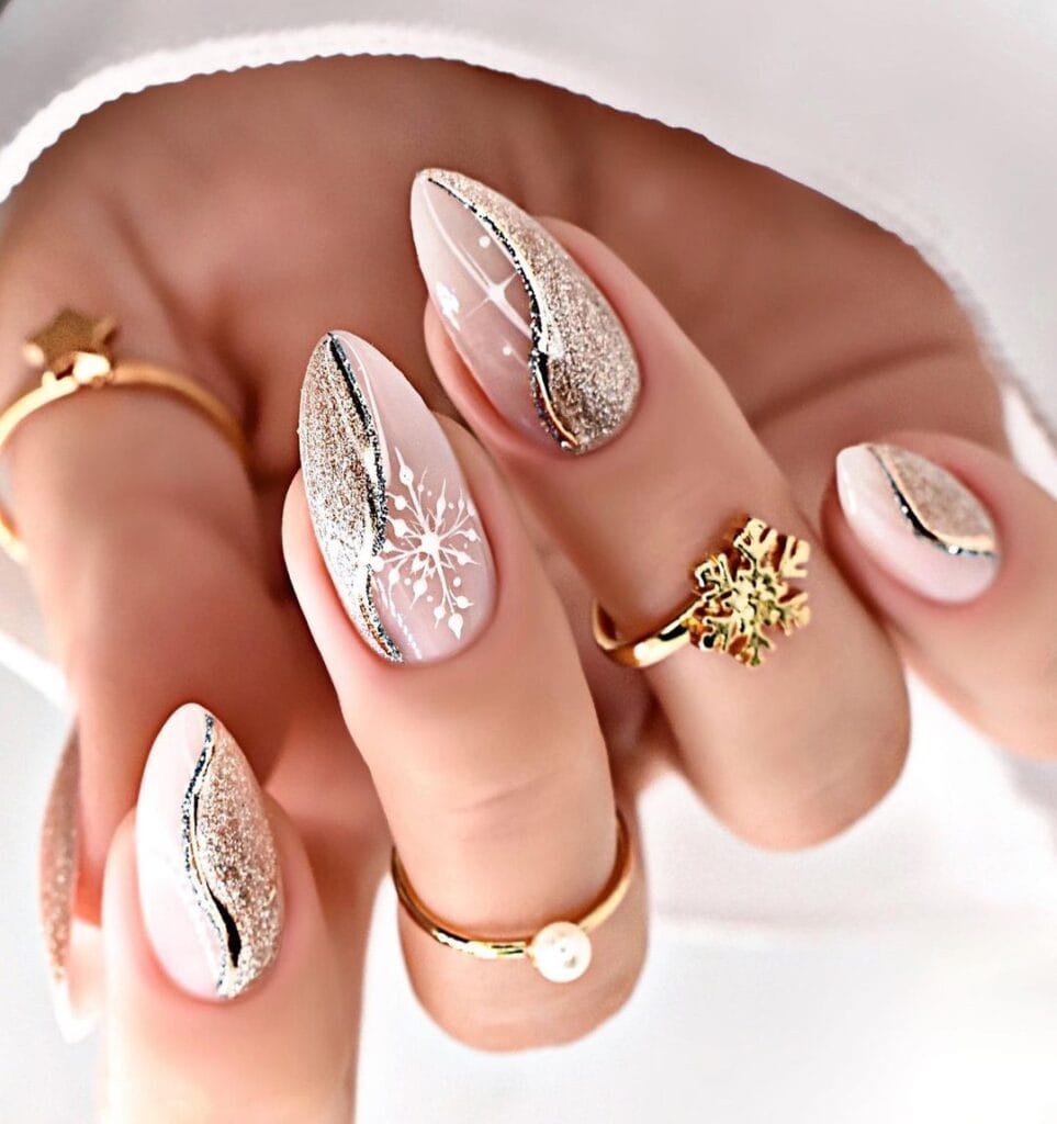 Gold Chrome Snowflake Almond Nails