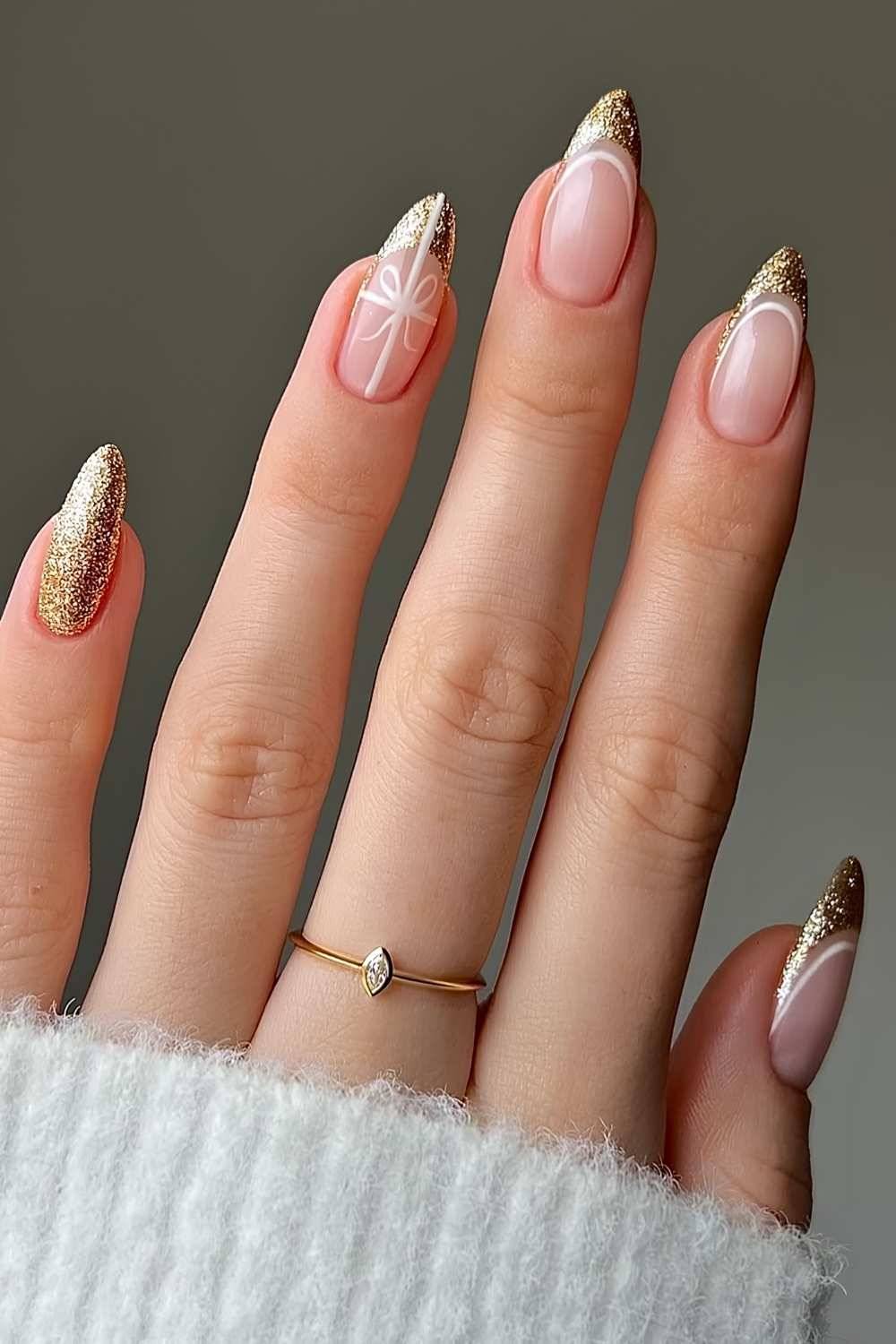 Gold French Bow Christmas Nails