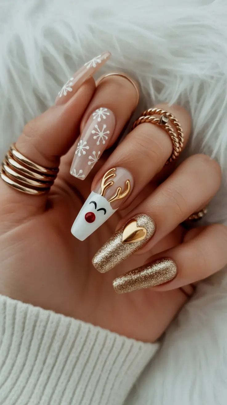 Gold Glitter And Rudolph Reindeer Coffin Christmas Nails